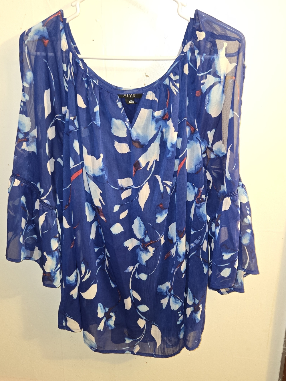 ALYX Blue Floral Sheer Bell-Sleeve With Slit Blouse. BEAUTIFUL